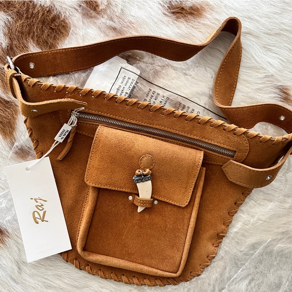 Raj Tanner Brown Cognac Suede Western Boho Waist Belt Bag NWT Handmade in INDIA